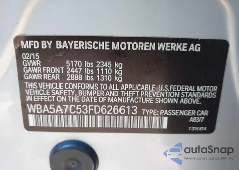 2015 BMW 528I xDrive из США, поврежденный, VIN WBA5A7C53FD626613